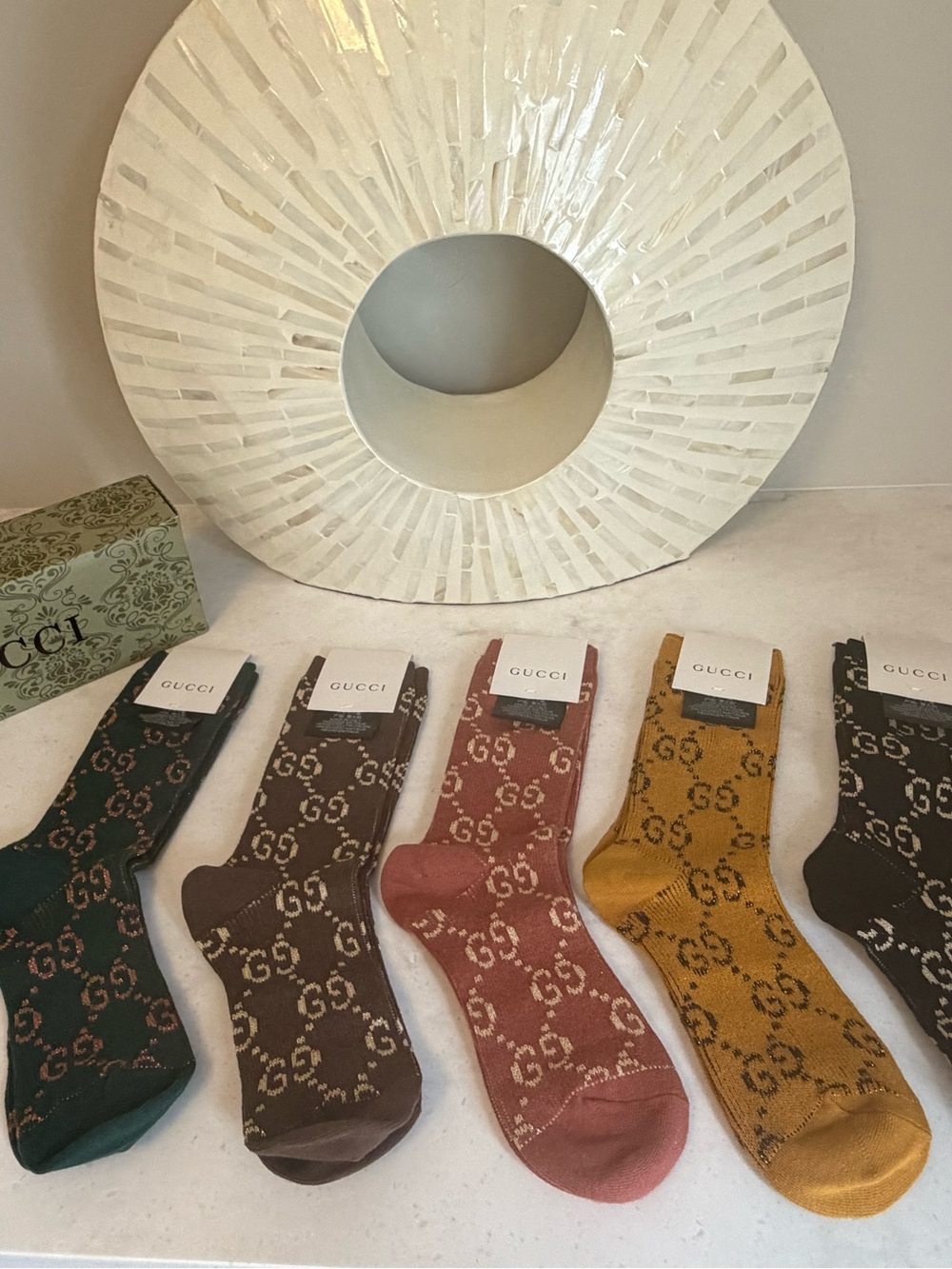 Pick One ~ Designer GG Jacquard Crew Socks - Green, Brown, Salmon Mustard,Black. - Picture 2 of 3